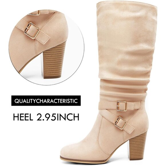 Women Nude Mid Knee High Boots Chunky Heel Slouchy Metal Buckle Winter Shoes - Picture 3 of 5